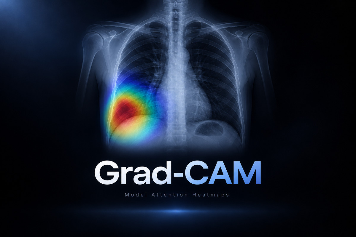 Bir akciğerin üzerinde Grad-CAM tarzı ısı haritası ve Grad-CAM yazısı bulunan göğüs röntgeni illüstrasyonu; gerçek bir model çıktısı değildir